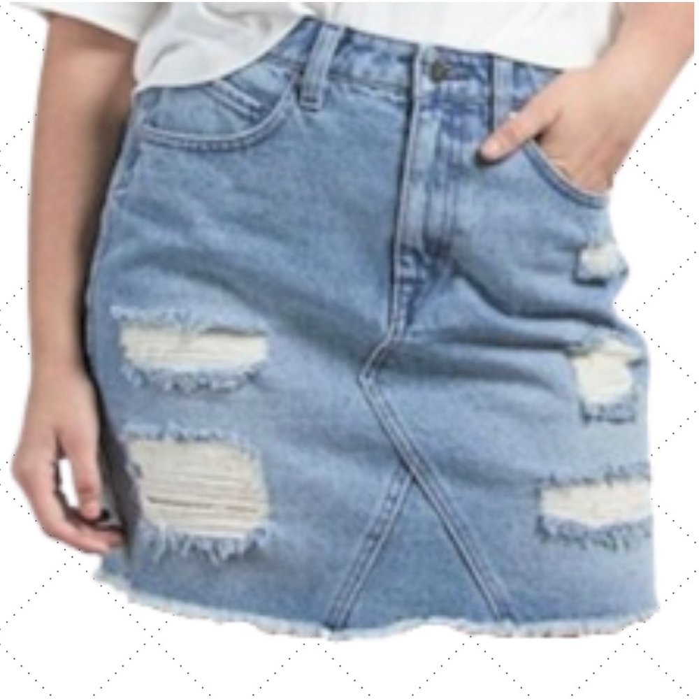 VOLCOM High Rise Distressed Denim Blue Jean Skirt Frayed Hem - Women's XL (12)